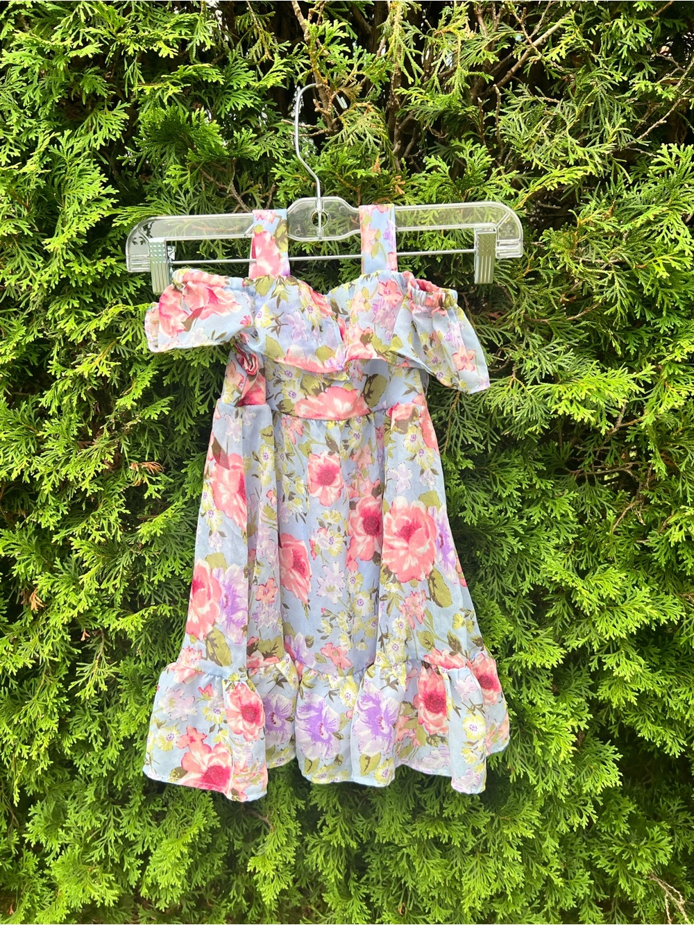 Floral Ruffle Off-Shoulder Kids Dress - Pink & Lavender